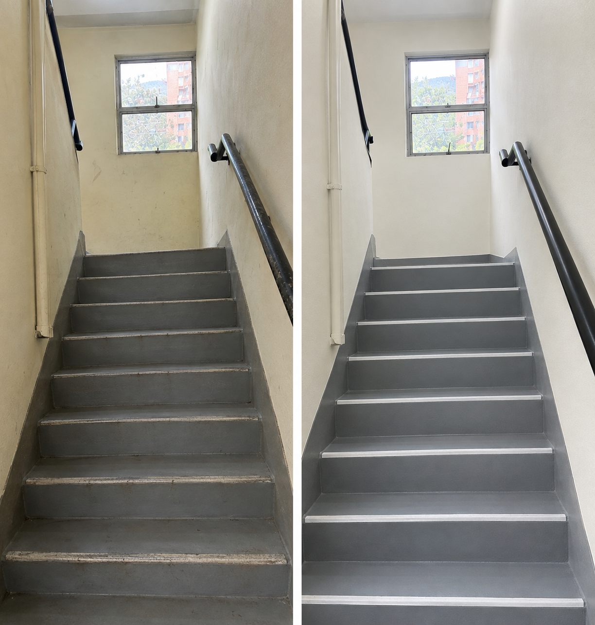 Escalera de copropiedad antes y después: a la izquierda los muros manchados y los peldaños gastados, a la derecha los muros pintados y el antideslizante nuevo en cada nariz.