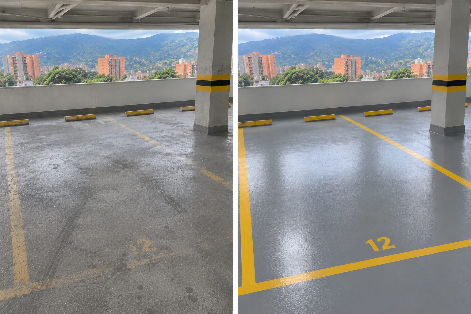 Parqueadero de copropiedad antes y después: a la izquierda el concreto desgastado y la demarcación borrada, a la derecha el piso epóxico gris y las líneas amarillas nuevas.