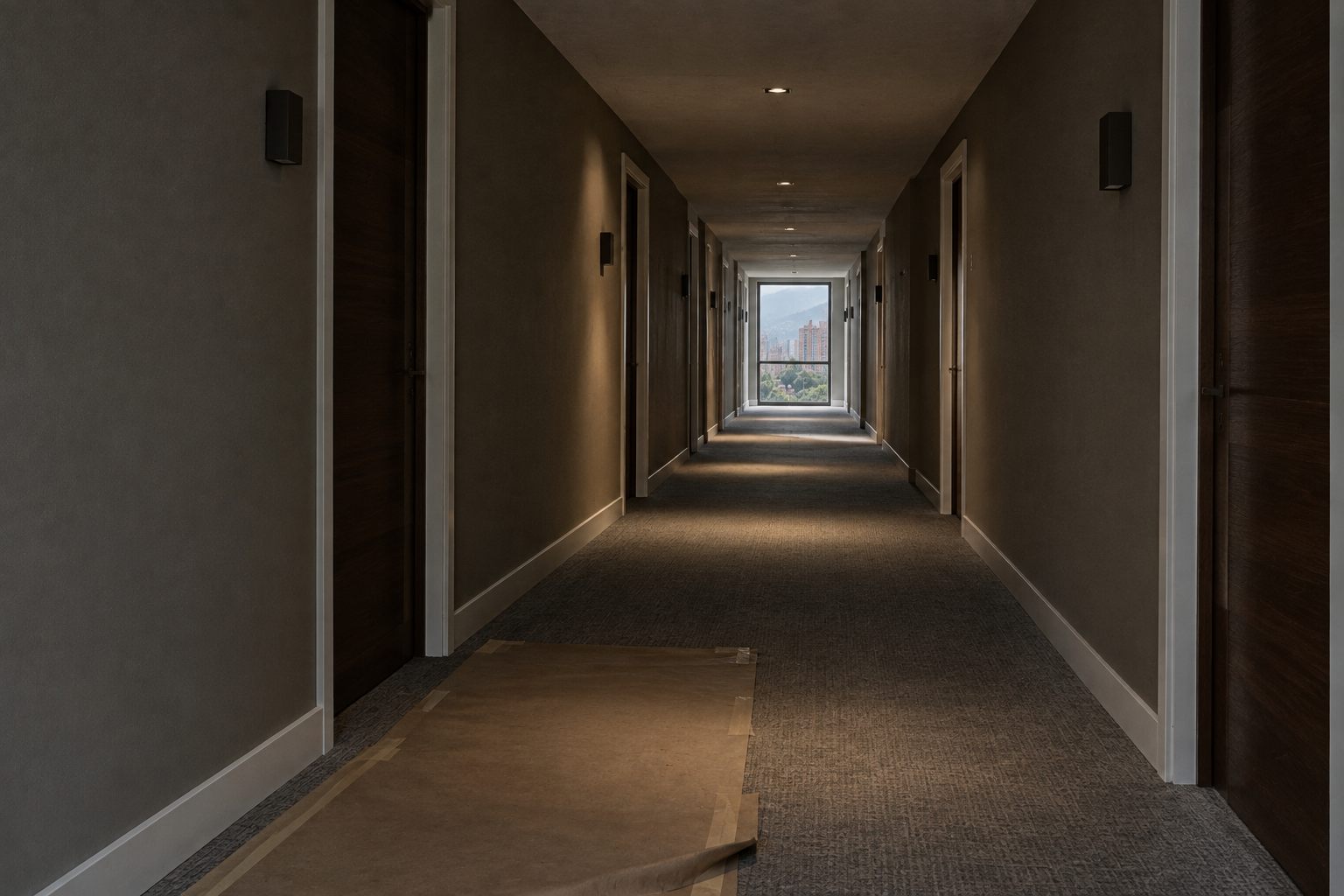 Corredor de hotel con muros pintados y zócalos blancos, con papel de protección sobre la alfombra.