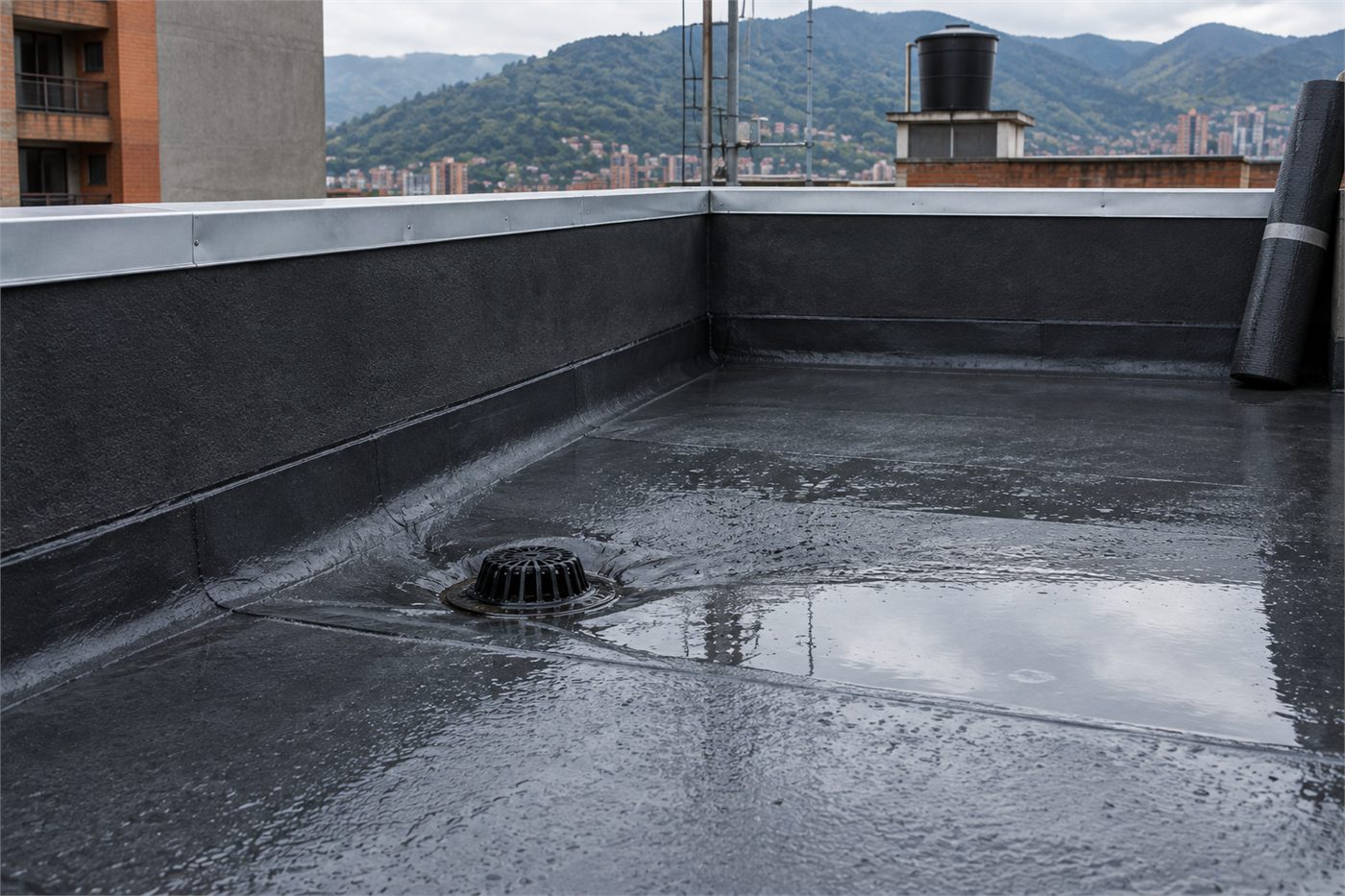 Terraza impermeabilizada con manto asfáltico y media caña en el encuentro con el antepecho.